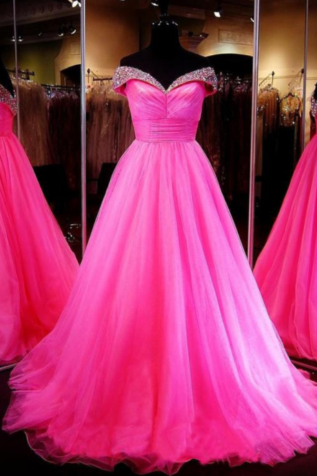 Ball Gown Off-the-shoulder Tulle Sweep Train Crystal Detailing Amazing Prom Dresses