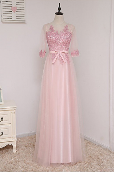 Pink Tulle Half Sleeves See-through Bowknot Lace Princess Graduation Dresses For Teens