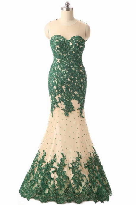 Green Lace See-through Mesh Mermaid Long Evening Dresses,formal Dresses