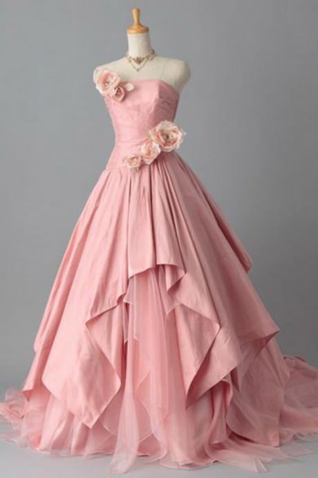 Pink chiffon sweetheart handmade flowers ball gown dresses,long prom dresses