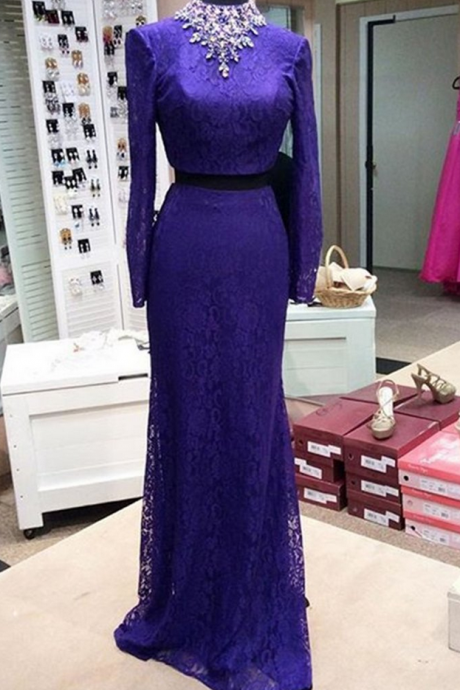 Purple lace long dresses,long sleeves two pieces evening dresses