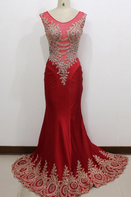 Luxury Red Satins Lace See-through Round Neck Long Evening Dresses,formal Dress
