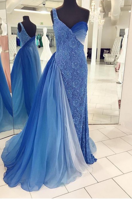 Unique Blue Chiffon Lace Long Dresses,one Shoulder Prom Dresses