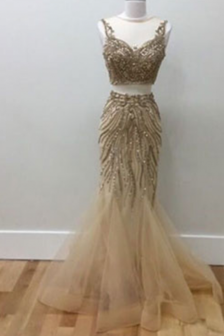 Gold Beads Two Pieces Prom Dress, Tulle Evening Dress For Teens