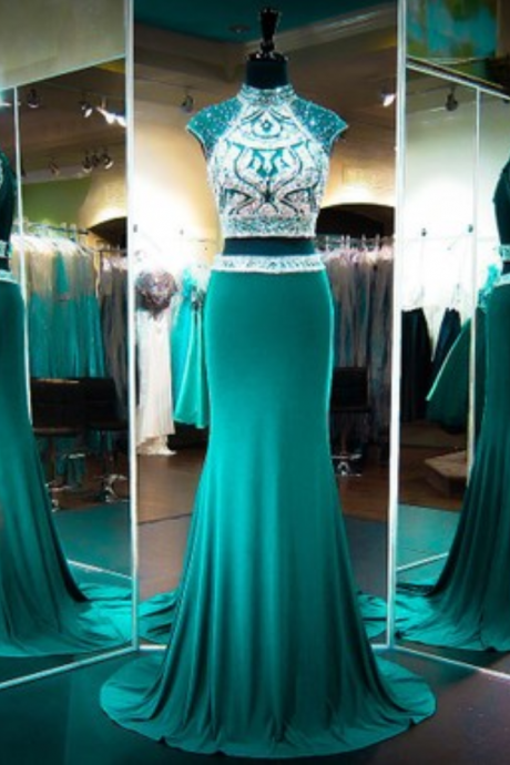 Top Sheath/column High Neck Chiffon Tulle Sweep Train Beading Open Back Two Piece Prom Dresses