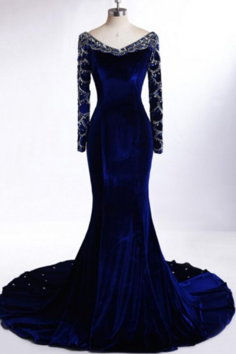 Luxurious Evening Dresses with Long Sleeves Velvet Prom Dresses Sexy Mermaid V Neck with Exquisite Stones Crystals Chapel Train