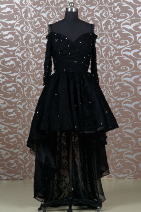 Off The Shoulder Long Sleeve Black Lace Front Short Back Long Prom Dress Evening Dress