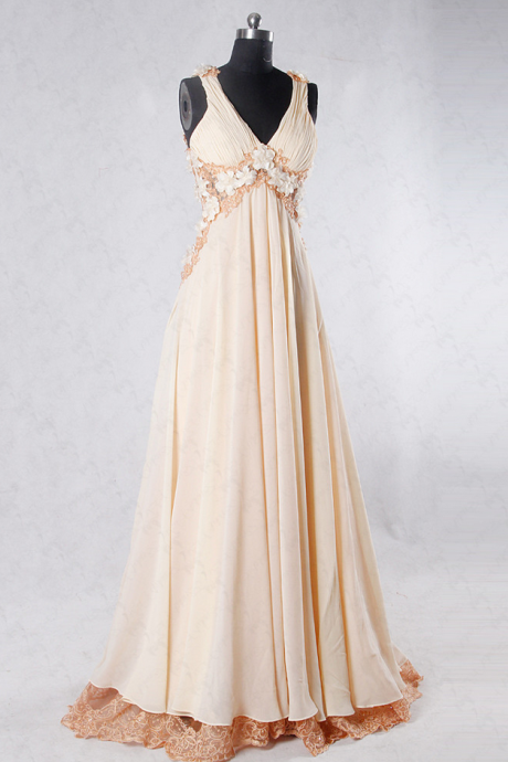 Flowing Chiffon V-neck Lace Backless Floral Pregnant Prom Dress