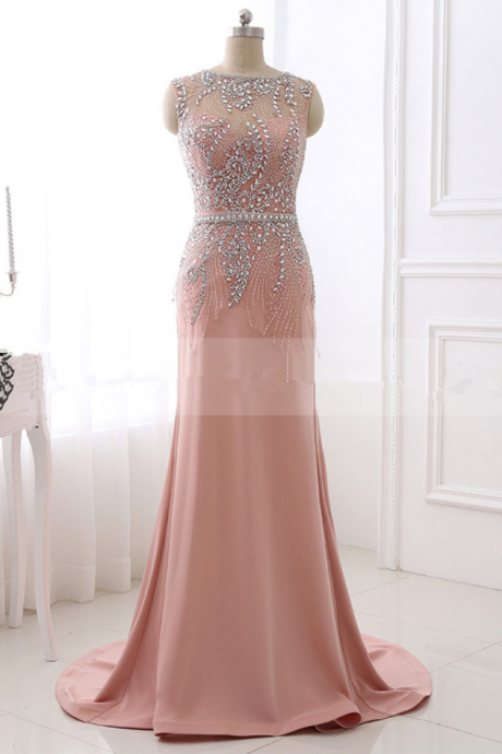 Blush Mermaid Heavy Beaded Prom Gowns Evening Dresses