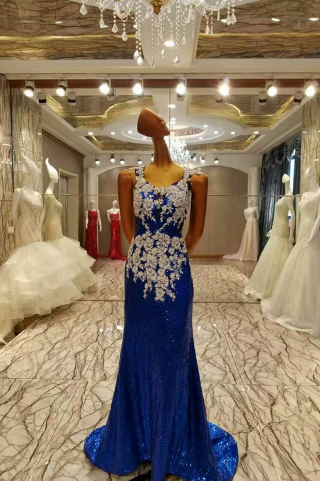 Shiny Royal Blue Sequin Prom Dresses Lace Elegant Long Sweetheart Mermaid Prom Dress