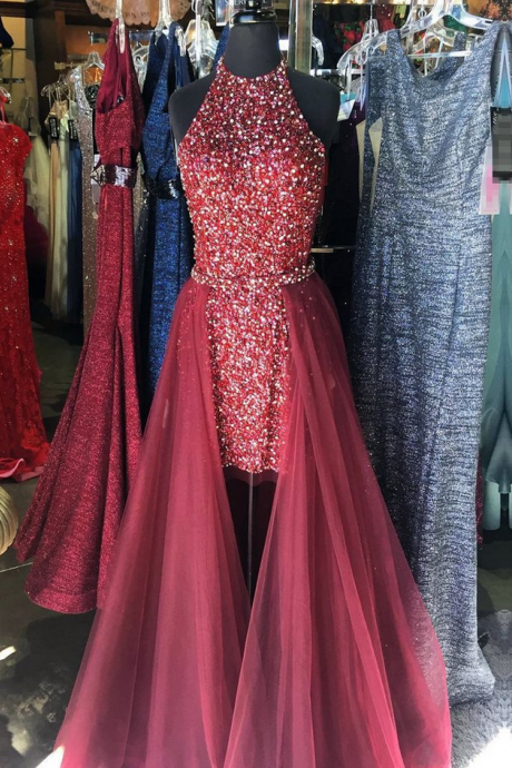  Halter Crystal Beaded Short Prom Dresses With Removable Skirts Sexy Homecoming Dress