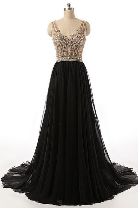 Sexy See Through Beaded Evening Prom Dresses, Black Long Party Prom Dress, Custom Long Prom Dresses, Formal Prom Dresses