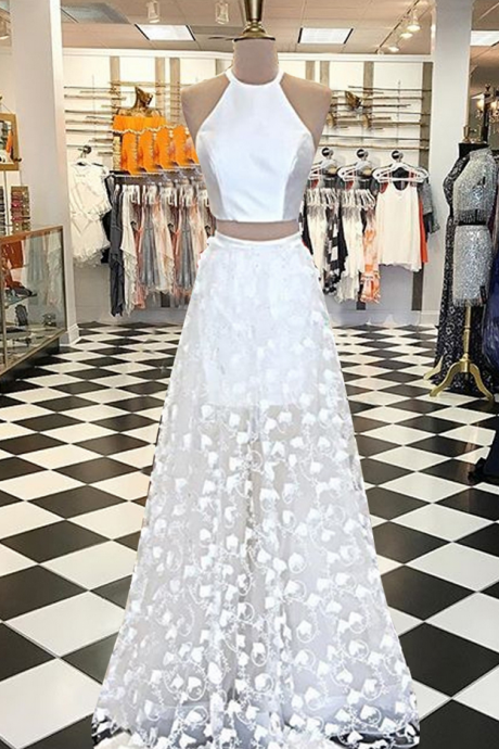 Two Piece A-line Jewel White Floor-length Appliques Prom Dress