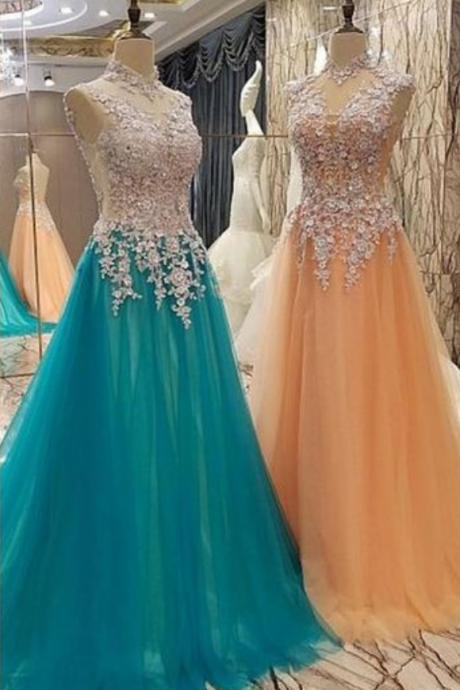 Tulle White Lace With Appliques Train Prom Dresses