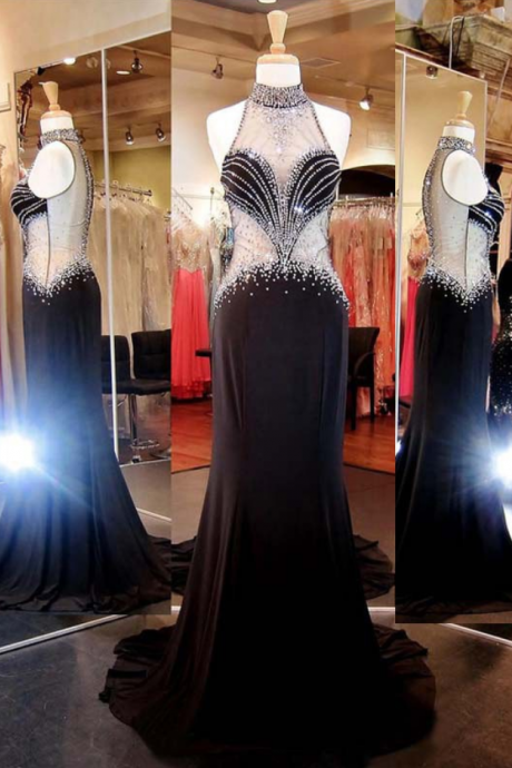 Sheath/column Black Chiffon Tulle Crystal Detailing Elegant High Neck Prom Dresses