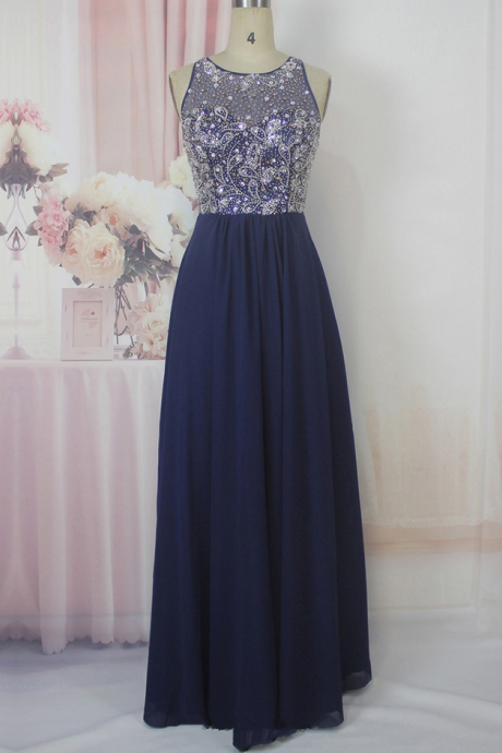 A-line Scoop Neck Chiffon Tulle Floor-length With Beading Prom Dresses