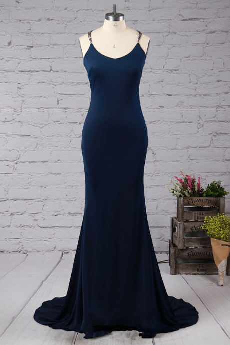 Trumpet/mermaid Scoop Neck Jersey Sweep Train With Beading Prom Dresses