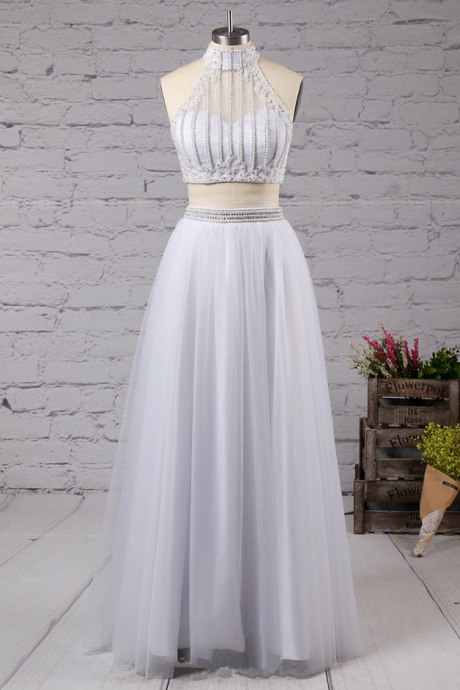 A-line High Neck Tulle Floor-length With Beading Prom Dresses