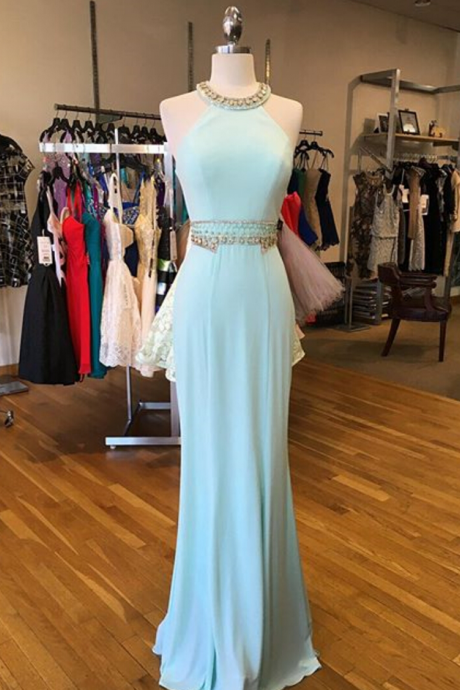Ice Blue Jewel Neck Fitted Formal Gown With Beading
