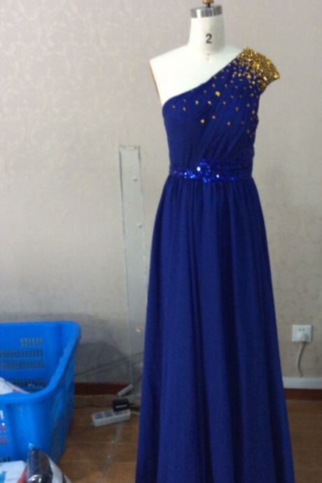 Long Floor-length Gold Sequin One-shoulder Bridesmaid Dress Royal Blue Prom Dress Chiffon Evening Dress
