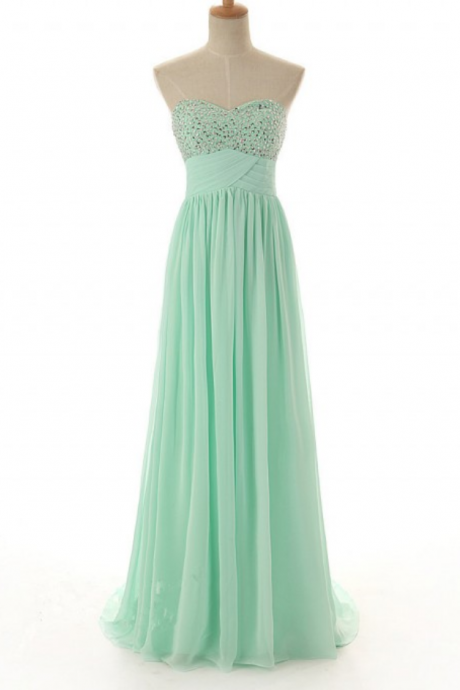 Elegant A Line Long Chiffon Mint Green Crystal Prom Evening Dresses