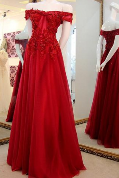 Red Off The Shoulder Applique Lace Pretty Long Prom Dresses