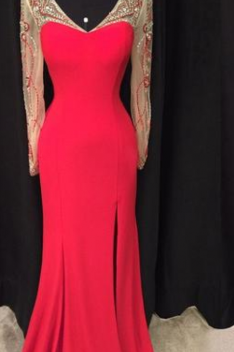 Red Side Slit Long Sleeves Mermaid V Neck Evening Prom Dresses