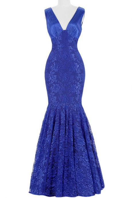 Decent V-neck Sleeveless Floor Length Royal Blue Mermaid Lace Prom Dress With Pleats