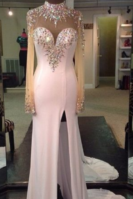 Charming Prom Dress,beading Prom Dress,high-neck Prom Dress,long-sleeves Prom Dress