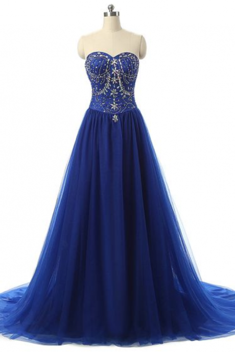 Blue Floor Length Tulle A-line Prom Dress Featuring Crystal Embellished Sweetheart Bodice And Sweep Train