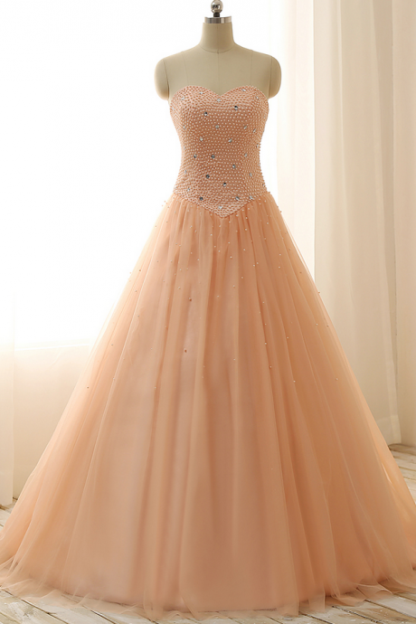 Sweetheart Satin Tulle Pearls Crystal Beads Ball Gown Laced Up Back Graduation Dress