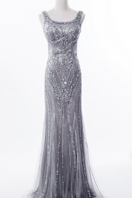 Grey Sequin and Beaded Embellished Floor Length Trumpet Evening Dress Featuring Sleeveless Bodice with Square Neckline