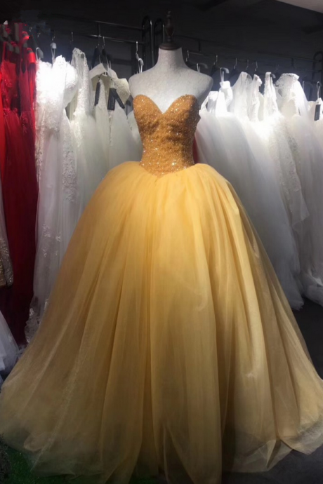 Gold Prom Dresses Real Photos Full Beads Sweetheart Red Formal Ball Gown Evening Dress Chinese Dress Online
