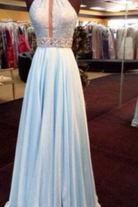 Stunning baby blue chiffon O-neck long handmade sequins and beaded prom dress, A-line plus size homecoming dresses