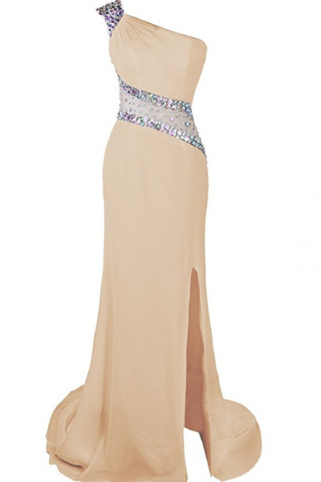 One Shoulder Beaded Prom Dress Evening Party Gowns Side Split
