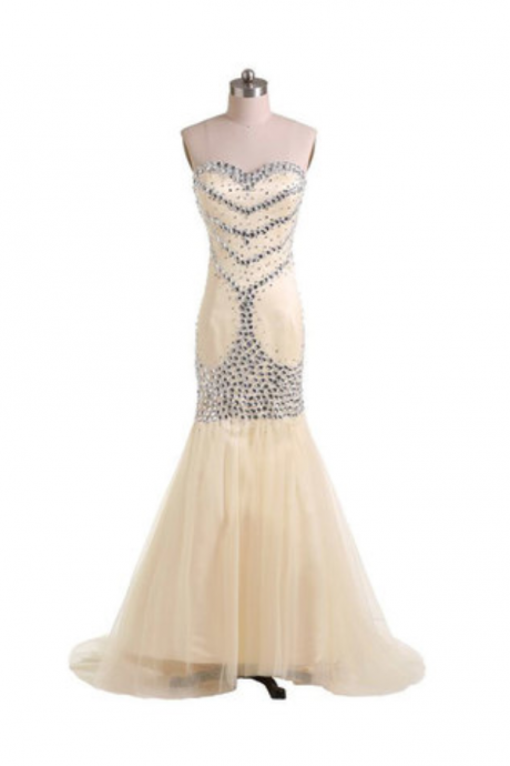 Gorgeous Strapless Mermaid Long Champagne Prom Dress With Beads