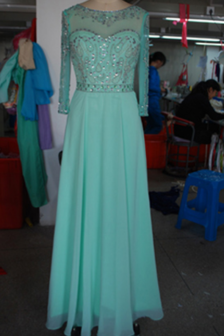 Long Sleeves High Neck Mint Chiffon Prom Dress, A Line Crystal See Through Long Evening Dress,evening Gown