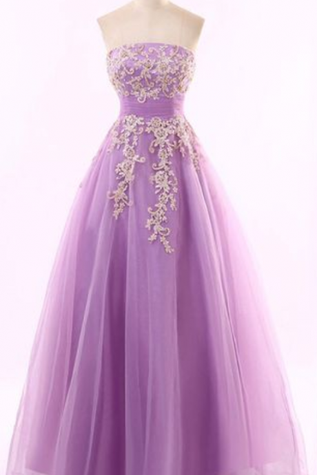Lavender Long Tulle A-Line Prom Dress,Strapless Lace up Back Party Dress,Applique Floor Length Gown
