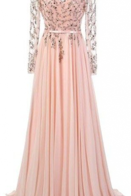 Elegant A-line Scoop Prom Dresses,floor Length Pink Chiffon Prom,evening Dress With Long Sleeves