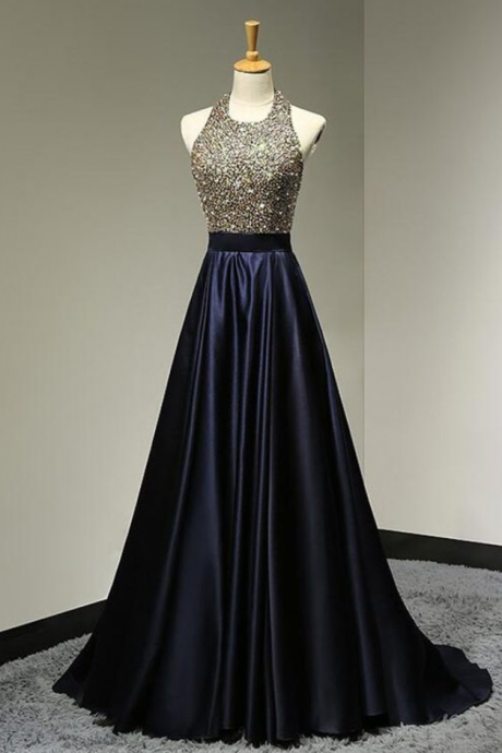 Black Satins Sequins Beading Halter A-line Long Dress,princess Floor-length Formal Dress