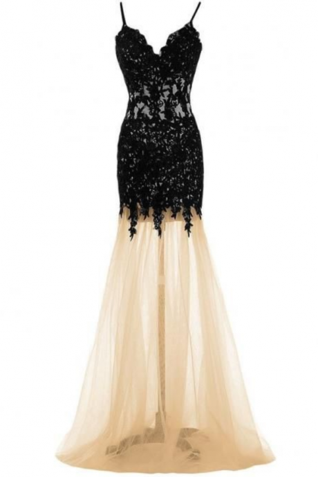  Exquisite Black Lace Mermaid Prom Evening Dress,Spaghetti Strap Charming Dress,V-neck Prom Party Dress