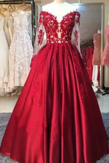 Red Long Sleeves Off The Shoulder Long Prom Dress Ball Gown