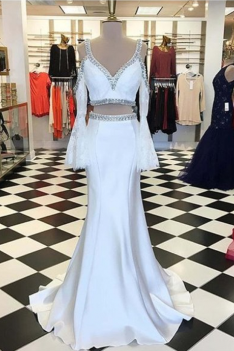 White Chiffon Off-shoulder Lace Long Sleeves V-neck Long Evening Dresses,prom Dress