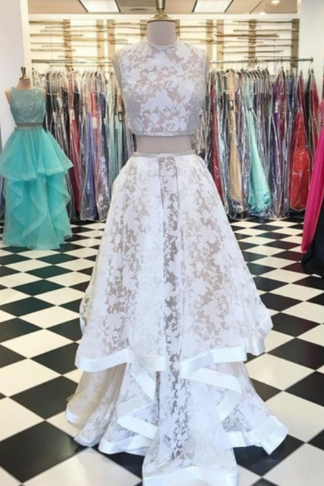 White Lace Two Pieces Long Prom Dress,white Lace Evening Dresse