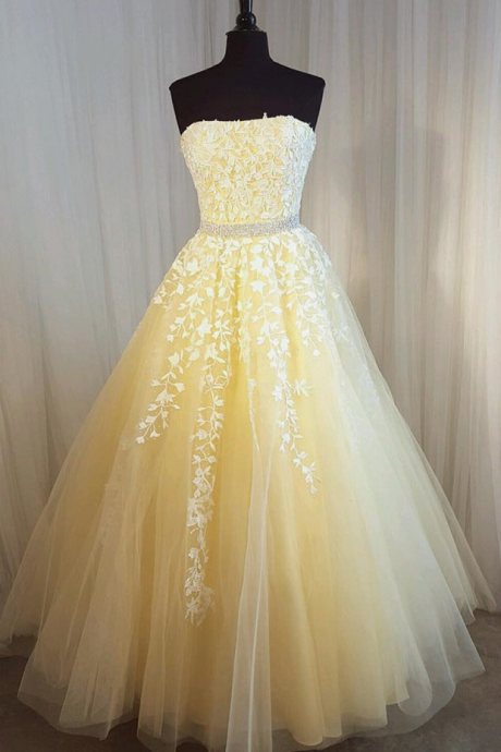 Yellow Prom Dress,ball Gowns Prom Dress,lace Dress,prom Gowns Strapless Prom Dress,formal Evening Dress