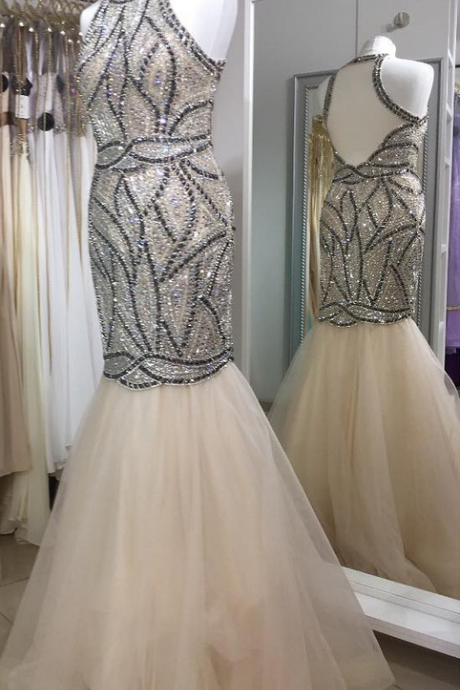 Fully Crystal Beaded Tulle Champagne Mermaid Prom Dresses Evening Gowns