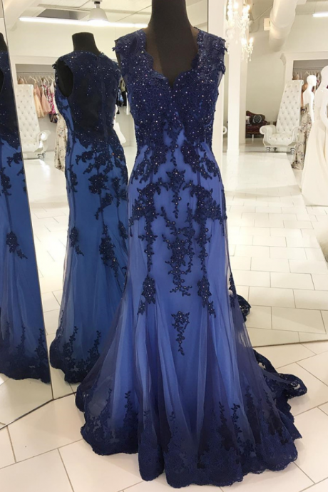 navy blue evening gowns,mermaid prom dress,mermaid evening dress,elegant prom dress,lace appliques prom dress