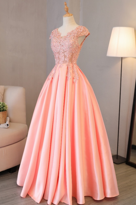 Cap Sleeve A-line Prom Dresses Lace Applique Satin Long Elegant Formal Gowns ,evening Dresses ,party Dresses
