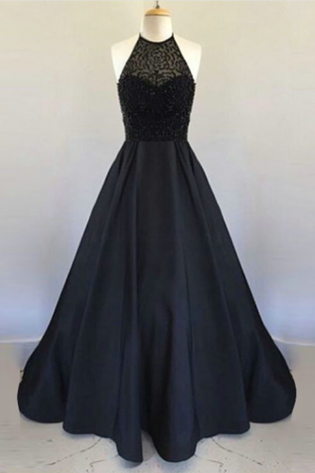 A Line Black Prom Dress,sexy Open Back Prom Gown,halter Neckline Beaded Black Evening Dress,a Line Black Graduation Dress