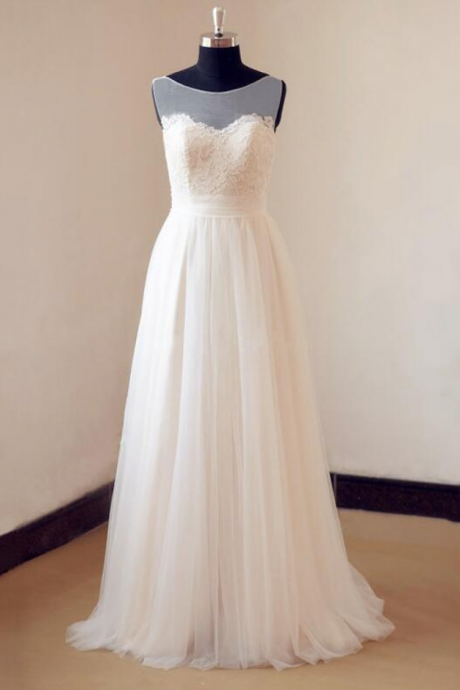 Ivory Wedding Dress, Tulle Lace Wedding Dress With Sheer Neckline , Wedding Dress